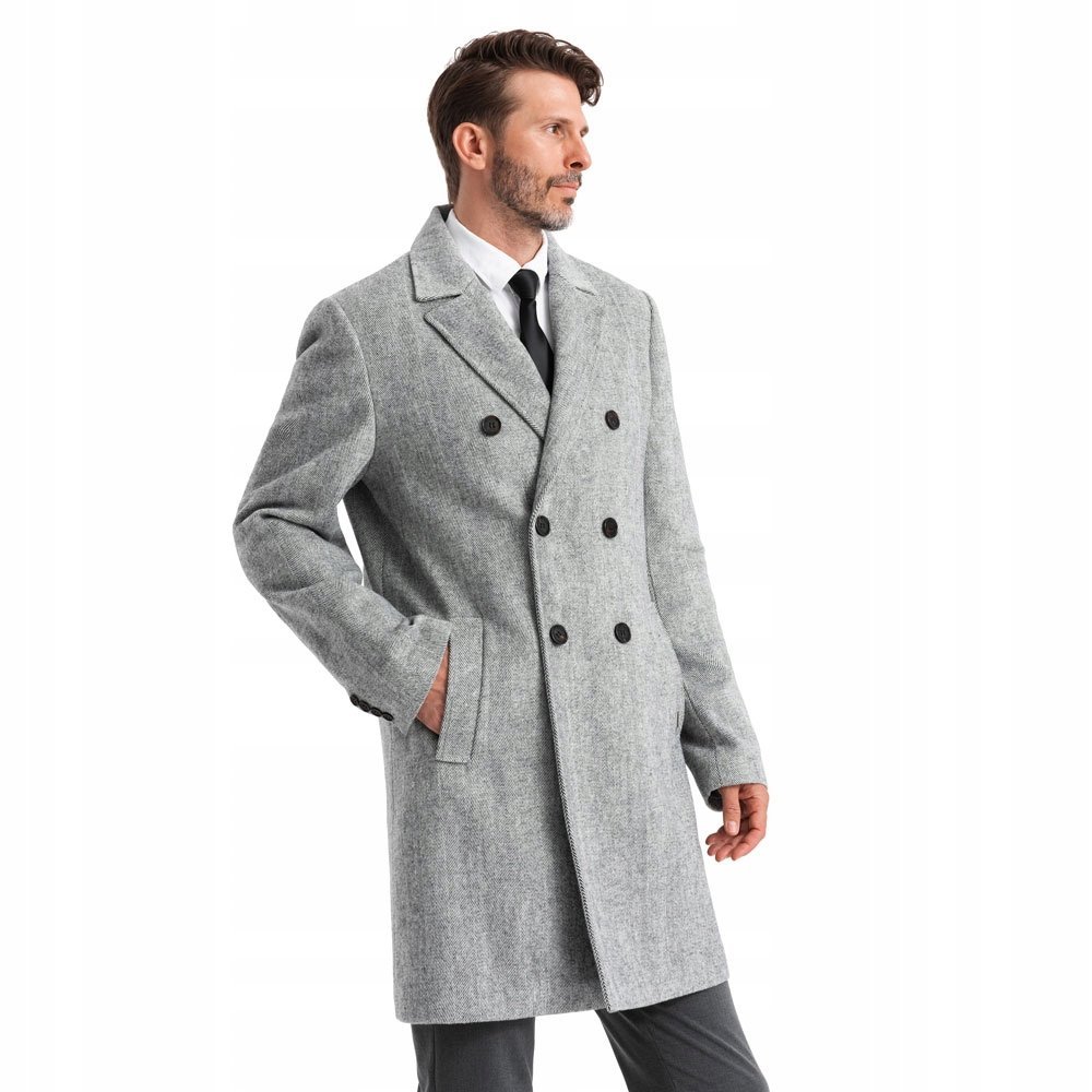 Elegancki dwurzędowy męski płaszcz w jodełkę szary V1 OM-COWC-0118 M