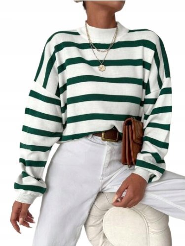 Sweter Damski Luźny w Paski Biało-Zielony S Łof