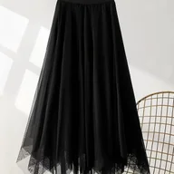 Spódnice - TEMU Elegancka damska spódnica maxi w kształcie litery A z wysokim stanem - asymetryczny dół z warstwowym falbankowym wykończeniem, jednolity czarny - miniaturka - grafika 1