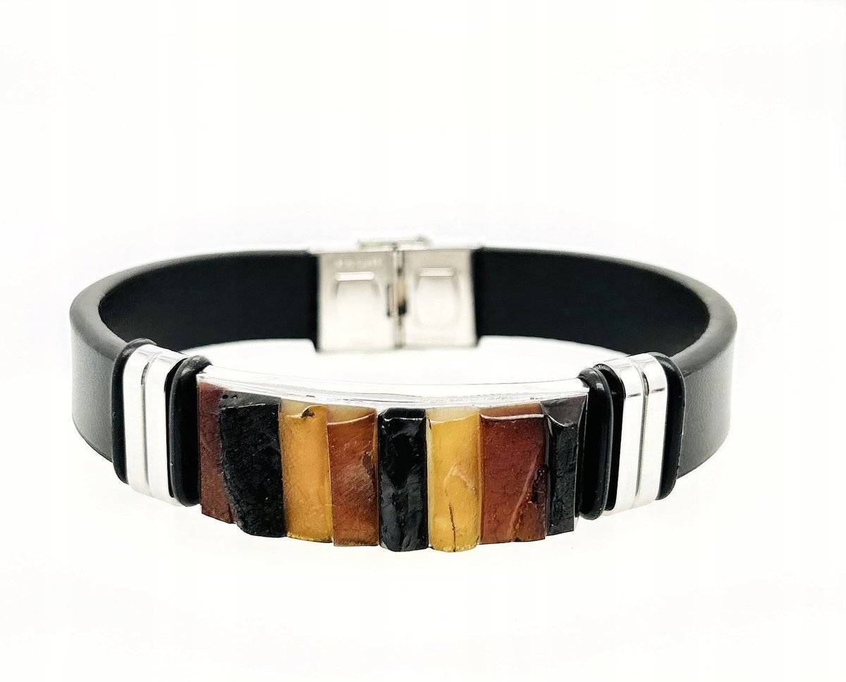 Męska Bransoleta Bursztyn Skóra Stal Elegancka