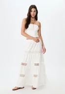 Spódnice - Stradivarius Długa spódnica z paneli i koronki Biały S - miniaturka - grafika 1