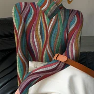 Bluzki damskie - TEMU Koszulka Damska z Wysokim Kołnierzem - Kolorowe Paski, Elastyczny Materiał, Regular Fit, Jesień/, Miękki Fason, Pranie w Praniu Maszynowym, - miniaturka - grafika 1