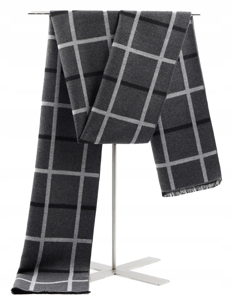 Szal Szalik Męski Ciepły Zimowy Grafitowy W Szaro - Czarne Pasy