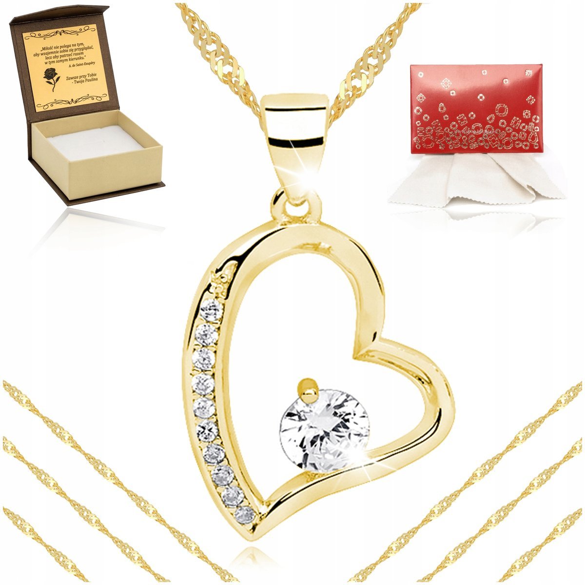 Złoty Naszyjnik Serce Celebrytka Z Cyrkonią Srebro 925 Złoto 585 + Grawer