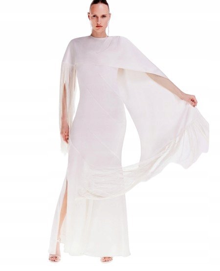 KAREN MILLEN SATYNOWA SUKIENKA MIDI Z FRĘDZLAMI PETITE 36 B1C