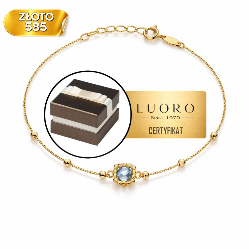 BRANSOLETKA ZŁOTA 585 14K DIAMENTOWANE KULKI NIEBIESKI KAMIEŃ 17 CM REGULOWANA