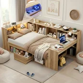 Łóżka dla dzieci i młodzieży - Łóżko dziecięce 90 x 200 cm z biurkiem i otwartymi przegródkami - MDF - diody LED i gniazda USB/Typ-C - Naturalne (Materac nie jest wliczony w cenę) - miniaturka - grafika 1
