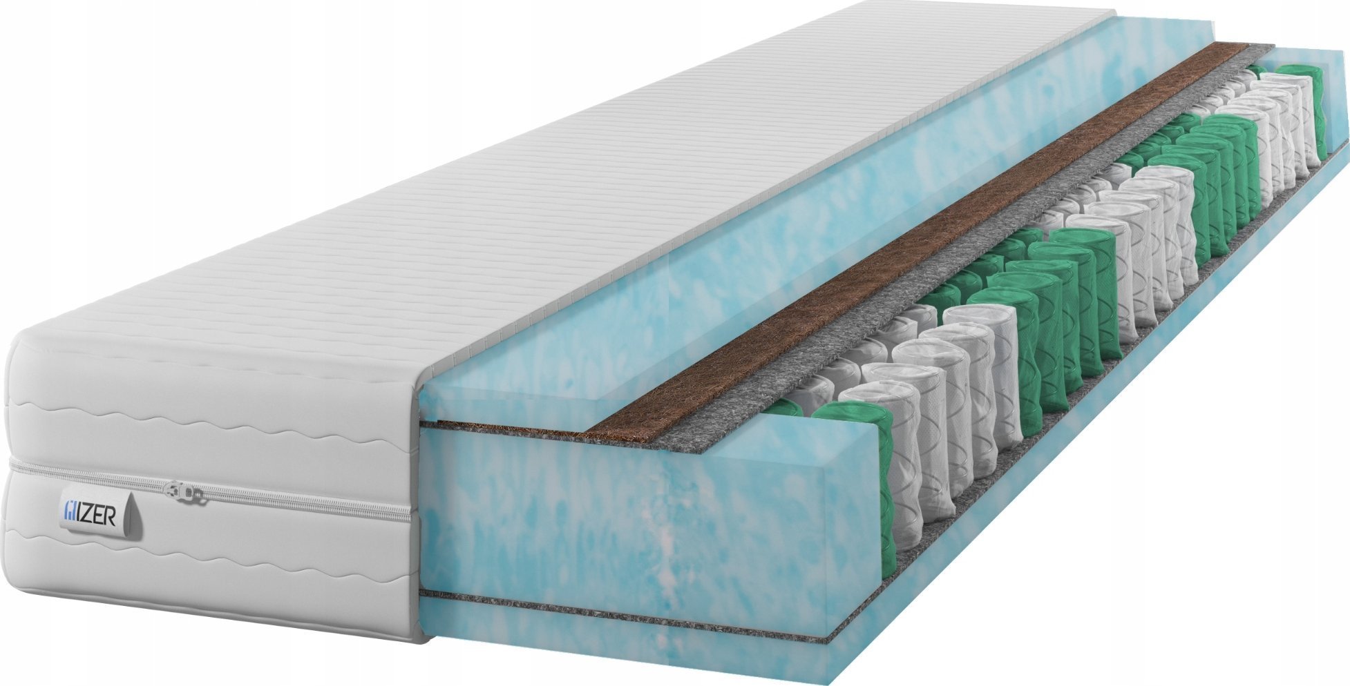 Materac sprężynowy Aqua GOLD+ 150x200 21cm KOKOS Dwustronny H3/H4 7 stref Rdzeń ze sprężyn kieszeniowych Pikowany pokrowiec