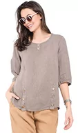 Koszulki i topy damskie - Bonateks damska top 100% lniana tunika Made in Italy, okrągły dekolt z guzikami i półrękawami, szarobrązowy, rozmiar: S, Szarobrązowy, S - miniaturka - grafika 1