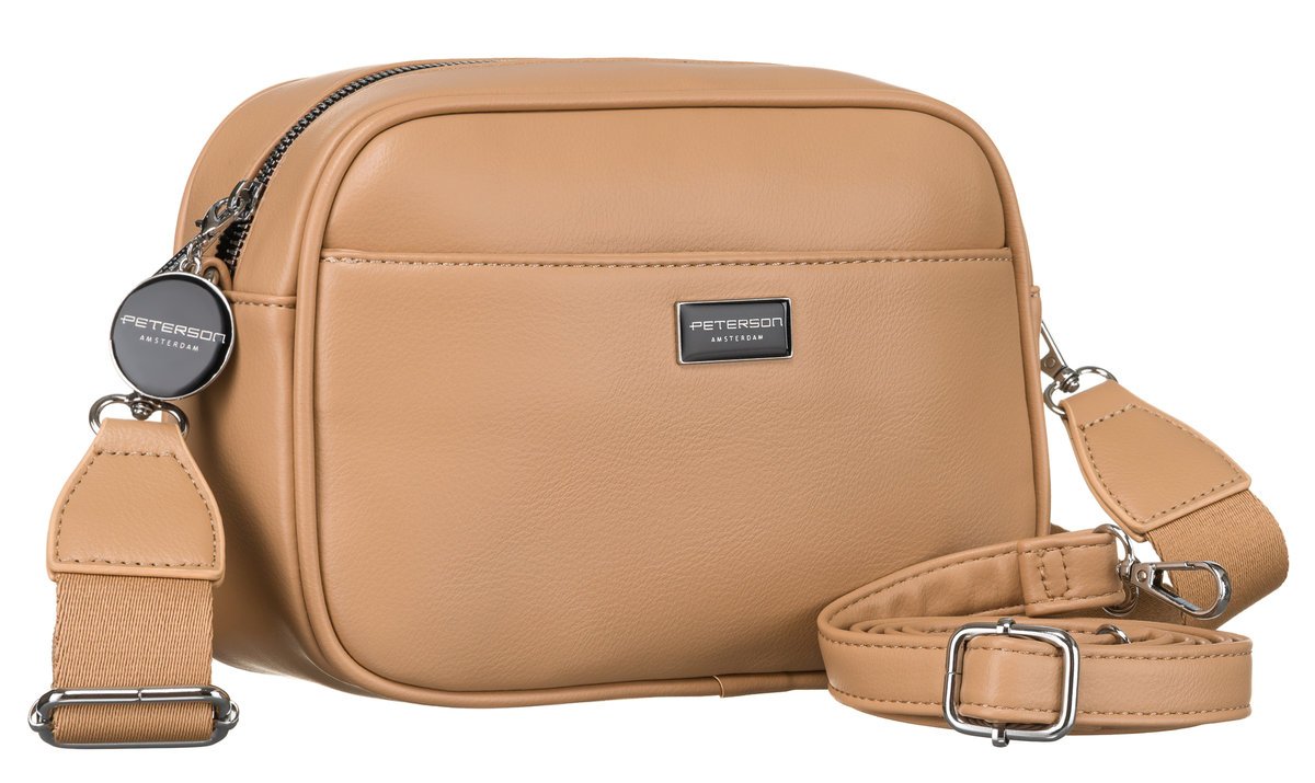 Klasyczna beżowa torebka damska na ramię mała listonoszka ze skóry ekologicznej PETERSON w zestawie dwa paski kieszonki na drobiazgi