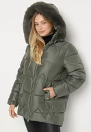 Kurtki damskie - Zielona Pikowana Kurtka z Kapturem z Futerkiem Tevea - miniaturka - grafika 1