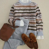 Swetry damskie - TEMU Elegancki Wielokolorowy Sweter w Paski dla Kobiet - Miękka Kurtka Sweter w Kształcie H z Okrągłym Dekoltem i Kołnierzem, - miniaturka - grafika 1