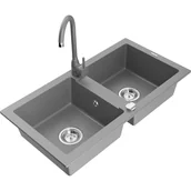 Zlewozmywaki z baterią - Mexen Mario zlewozmywak granitowy 2-komorowy z baterią kuchenną Telma, szary - miniaturka - grafika 1