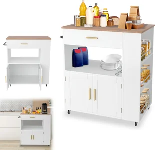 UISEBRT Stylowy wózek kuchenny wykonany z drewna sosnowego z miejscem do przechowywania, półką i kółkami, wózek kuchenny i do serwowania do kuchni i jadalni, 93 cm x 75 cm x 46 cm - Wózki kuchenne - miniaturka - grafika 1