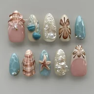 Akcesoria do paznokci - TEMU 10-częściowy zestaw do nail art z medium almond shell i - pastelowa niebieska, różowa, biała, beżowa z złotymi akcentami, idealny do codziennego - miniaturka - grafika 1