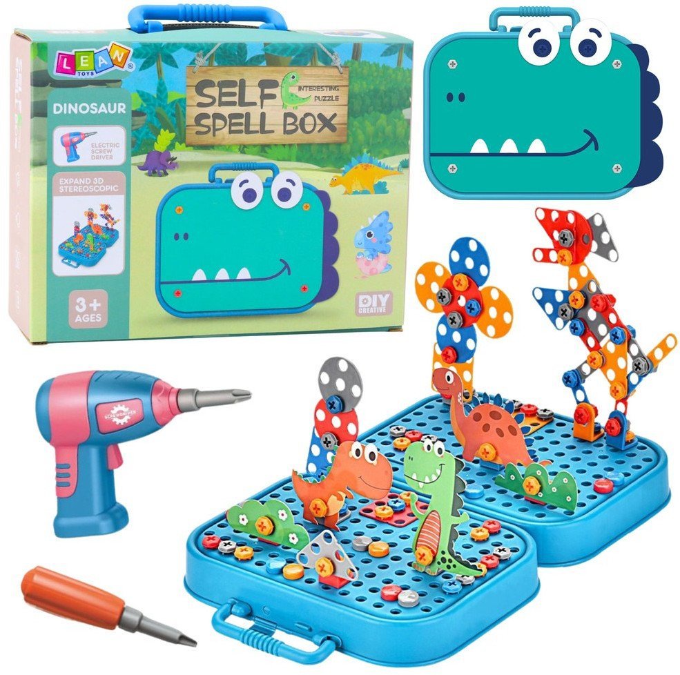 Zestaw Do Skręcania DIY Walizka Układanka Dinozaury Klocki Wkrętarka 228el. EDUKAMP
