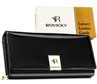 Portfele - Czarny portfel damski ROVICKY skórzany duży na zatrzask rozbudowany na karty rfid stop lakierowany - miniaturka - grafika 1