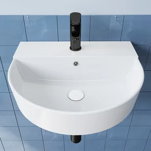 HOROW Umywalka ceramiczna półokrągła, wisząca, nablatowa, z przelewem i otworem na baterię, 50 x 44 cm - Umywalki HOROW Umywalka ceramiczna półokrągła, wisząca, nablatowa, z przelewem i otworem na baterię, 50 x 44 cm - Umywalki - miniaturka - grafika 1
