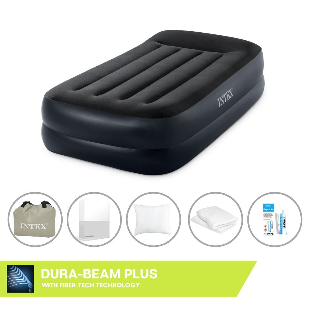 Łóżko dmuchane Intex - 1 osoba - 99 x 191 x 46 cm - Niebieskie - Z pompką + prześcieradło białe + poduszka + poszewki Molton 2 w 1 + zestaw naprawczy