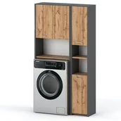 Szafki łazienkowe - Zestaw Łazienkowy Mały HUGO Szafka Nad Pralkę i Słupek Szary Dąb Wotan - miniaturka - grafika 1