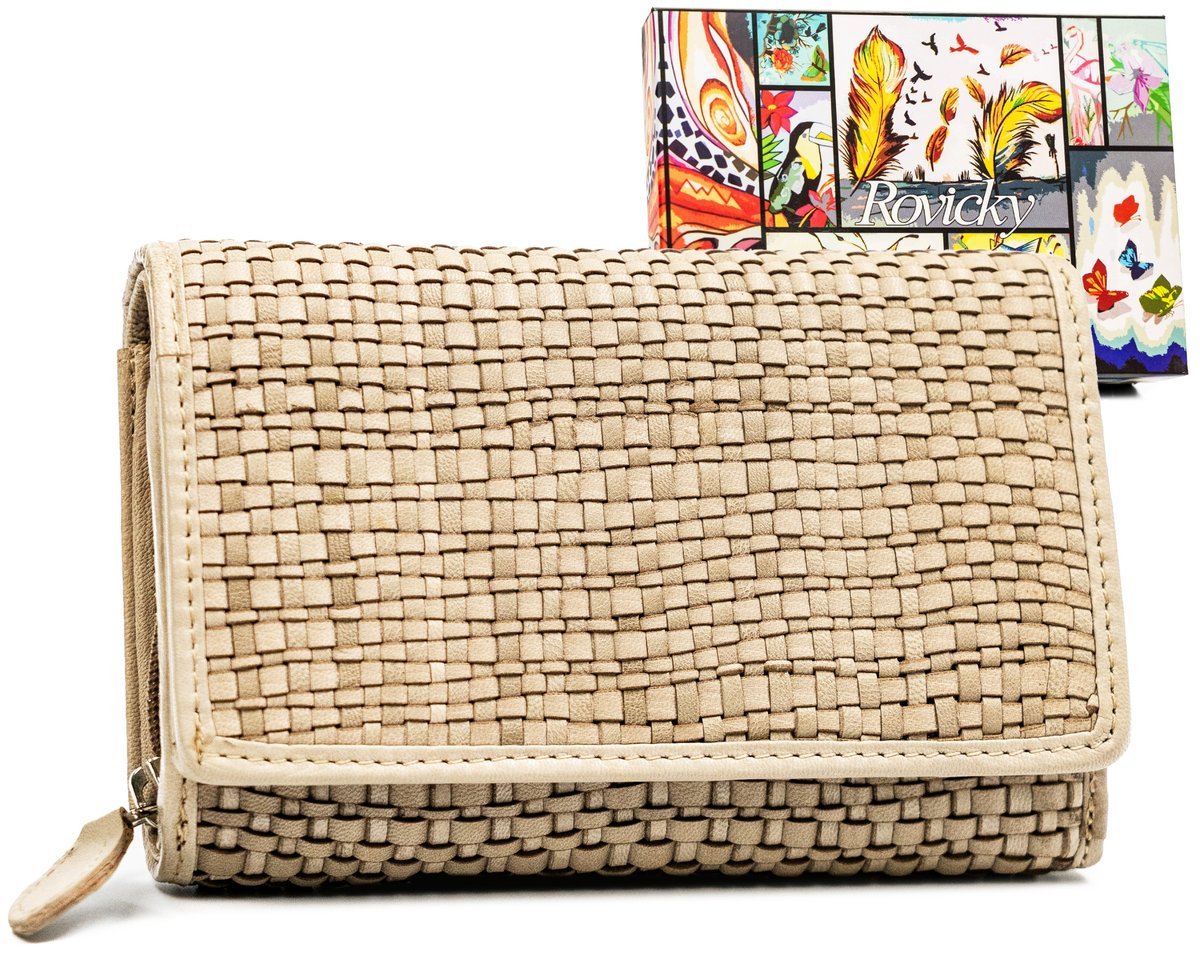 Portfel Damski Z Plecionej Skóry Naturalnej Rovicky, Beżowy
