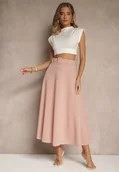Spódnice - Różowa Rozkloszowana Spódnica Maxi z Paskiem i Klamrą Adlirca - miniaturka - grafika 1