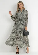 Sukienki - Beżowo-Czarna Sukienka Rozkloszowana z Wiązanym Paskiem Gylten - miniaturka - grafika 1