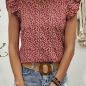 Inne - TEMU Bluzka Z Okrągłym Dekoltem W Kwiaty, Elegancki Top Z Falbankami Na Wiosnę I , Odzież Damska - miniaturka - grafika 1