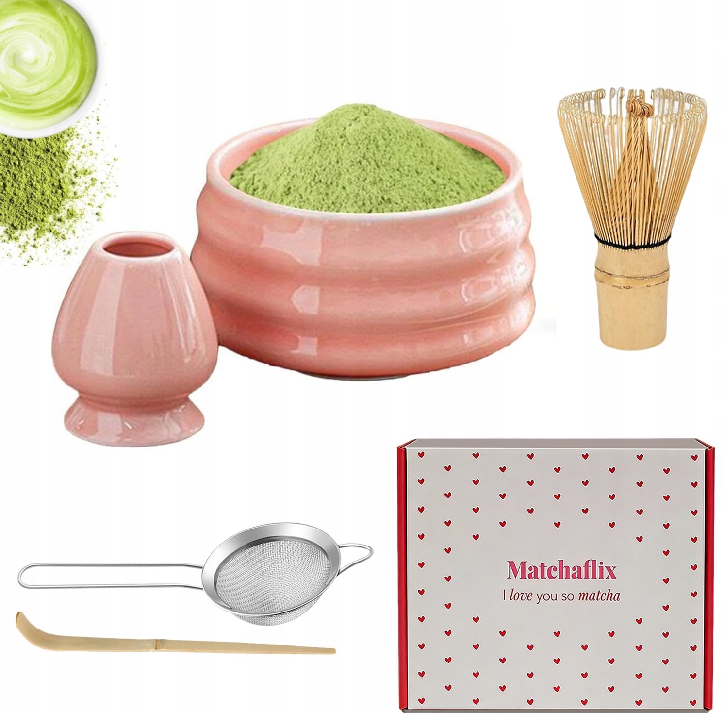 Akcesoria do Robienia Matchy, Zestaw do Matcha z Miską Ceramiczną różowy
