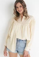 Koszule damskie - Beżowa Bawełniana Koszula z Przeszyciami na Ramionach Umika - miniaturka - grafika 1