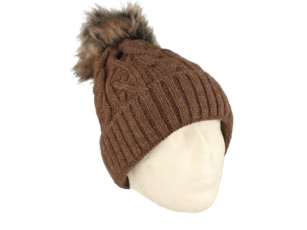 Czapka zimowa z pomponem polska produkcja brązowa ocieplana polarem