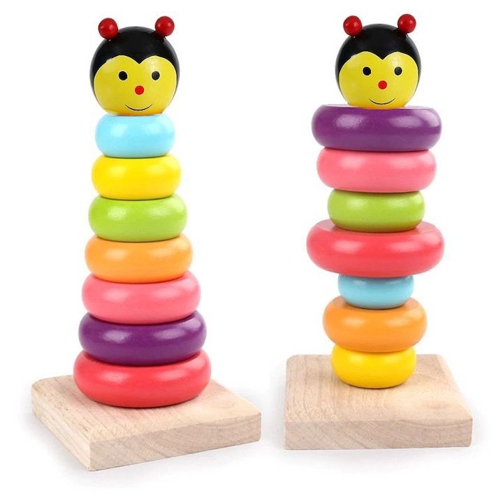 DREWNIANA WIEŻA EDUKACYJNA – UKŁADANKA Z KOLOROWYMI KRĄŻKAMI – 20 CM