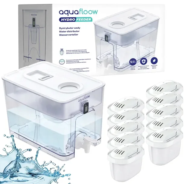 AquaFloow: filtrujący dzbanek XL 9,5l duży dystrybutor wody + 10x filtr