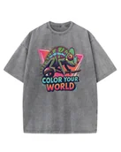 Koszulki i topy damskie - Koszulka oversize efekt sprania Kolorowy Kameleon szary L - miniaturka - grafika 1