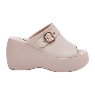 Skórzane Klapki Damskie Na Platformie I Koturnie Z Klamrą S.Barski LR51-542 Beżowe beżowy - Klapki i japonki damskie - miniaturka - grafika 1