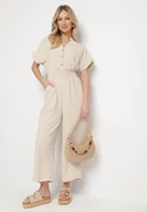 Kombinezony - Beżowy Kombinezon z Wiskozy z Gumką w Talii i Dekoltem w Serek z Guzikami Nisella - miniaturka - grafika 1