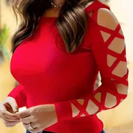 Bluzki damskie - TEMU Koszulka Damska Moda Europejska i Amerykańska 2023 Wiosna Jesień Jednokolorowa Okrągły Dekolt - miniaturka - grafika 1