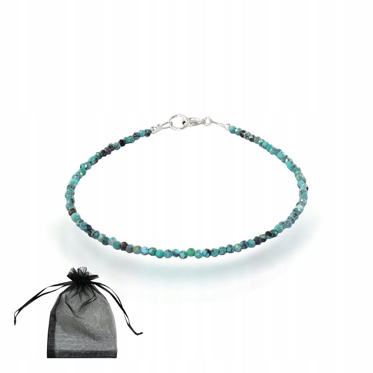 Bransoletka naturalny kamień TURKUS fasetowane kule 2mm 925 dł 18cm