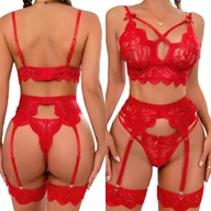 Komplety bielizny - KOMPLET 5 CZĘŚCI SEK SOWNA BIELIZNA EROTYCZNA STANIK KORONKA TOP FIGI ROZMIAR S/M - miniaturka - grafika 1