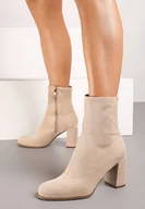 Botki damskie - Ciemnobeżowe Botki Vices z Ekozamszu na Obcasie za Kostkę Evelinnis - miniaturka - grafika 1