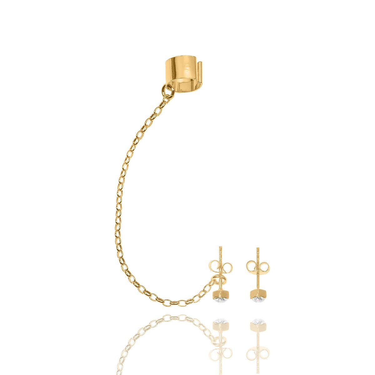 Nausznica srebrna pozłacana z łańcuszkiem i kolczykami z kryształkami