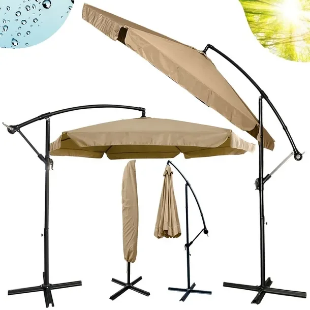 Parasol Ogrodowy Duży Składany Z Wysięgnikiem 350cm + Pokrowiec- Jasny Brąz
