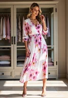 Sukienki - Długa plisowana sukienka - Długa sukienka w kwiaty - Biała M1137 r. S/M - miniaturka - grafika 1