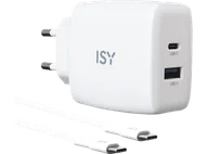 Ładowarki do telefonów - Ładowarka sieciowa ISY IAC-4512 65W USB-C USB-A GaN + kabel 2m Biały - miniaturka - grafika 1