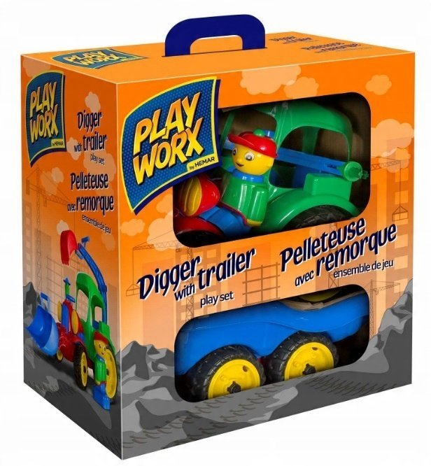 Pojazd Koparka Spychacz Gigant z Przyczepką Ozdobny Pomarańcz Karton 90cm