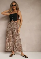 Spodnie damskie - Beżowo-Brązowe Spodnie Wide Leg z Gumką w Talii w Panterkowy Wzór Filanira - miniaturka - grafika 1
