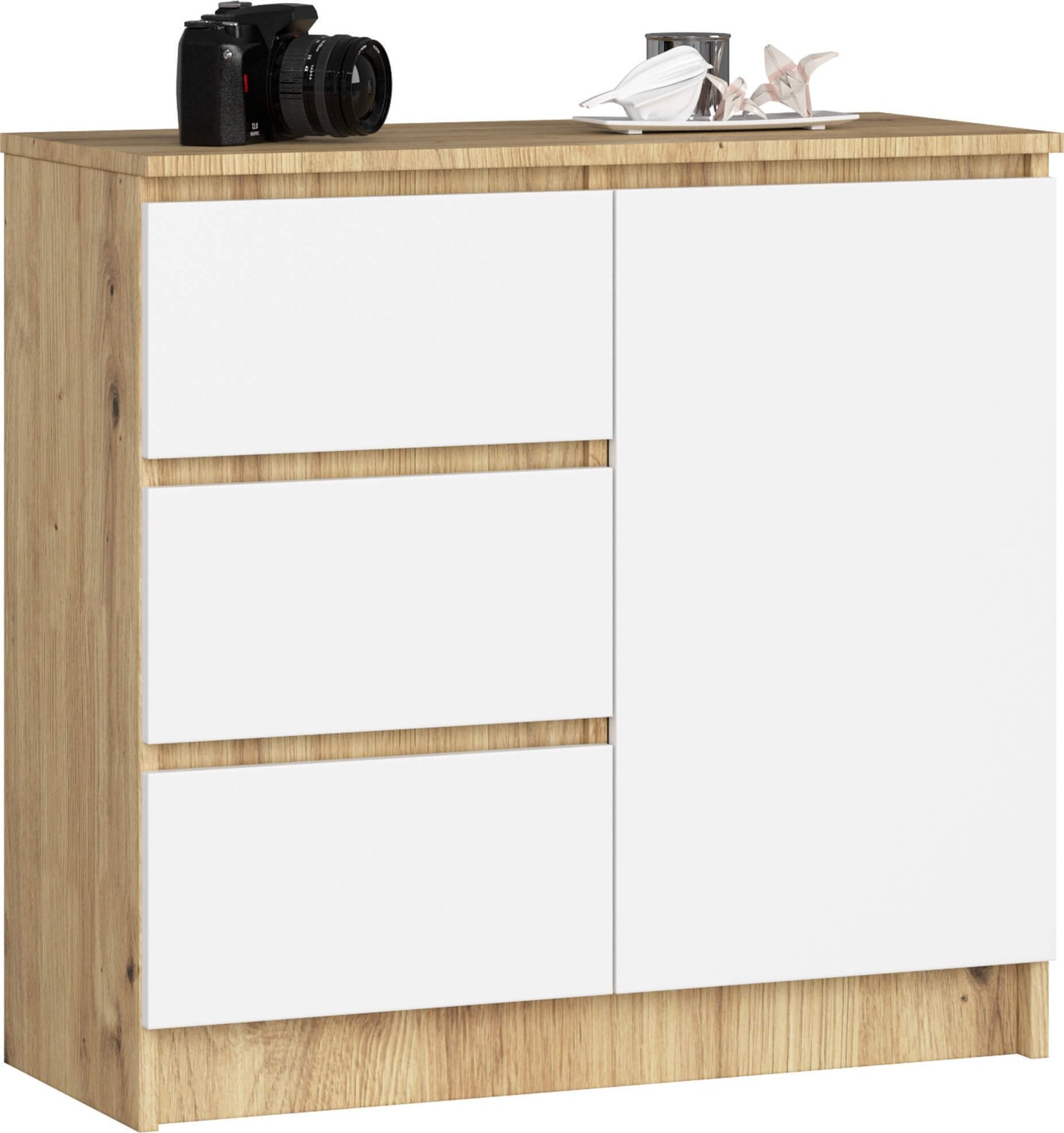 Fabryka Mebli Akord Komoda bezuchwytowa JERRY 80 cm nowoczesna 1 drzwi 3 szuflady 2 półki - dąb artisan biała