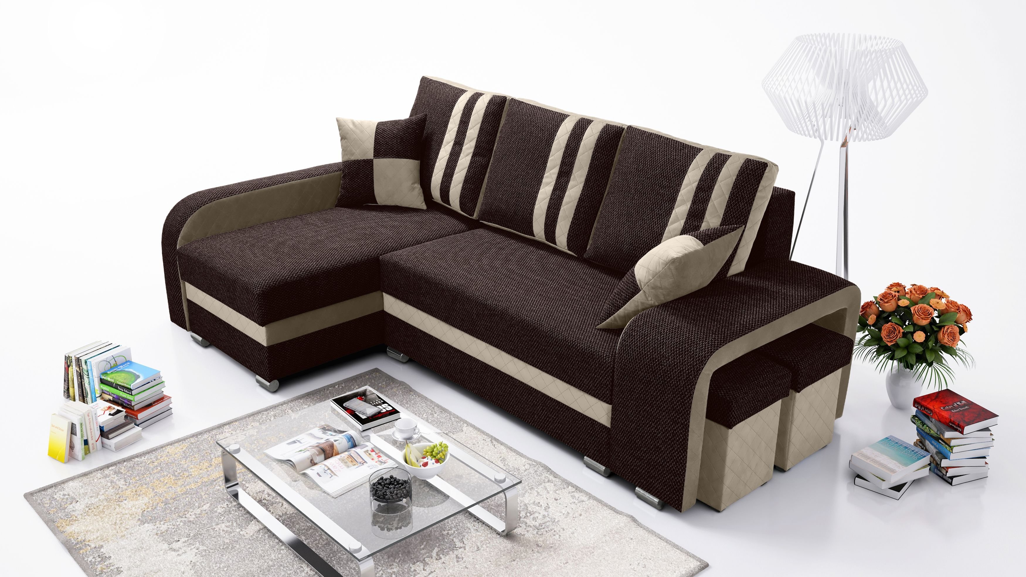 Robin York sofa narożna z funkcją spania 2x pojemnik na pościel 2x małe poduszki 2x taboret Sofa Sofa w kształcie litery L Wolnostojąca sofa narożna Meble do salonu Krajobraz salonu Brązowy Beżowy