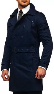 Płaszcze męskie - Granatowy dwurzędowy płaszcz męski prochowiec z wysokim kołnierzem i paskiem Denley 5569 - grafika 1