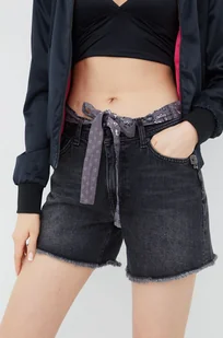 Superdry Superdry szorty jeansowe damskie kolor szary gładkie medium waist - Spodenki damskie - miniaturka - grafika 1